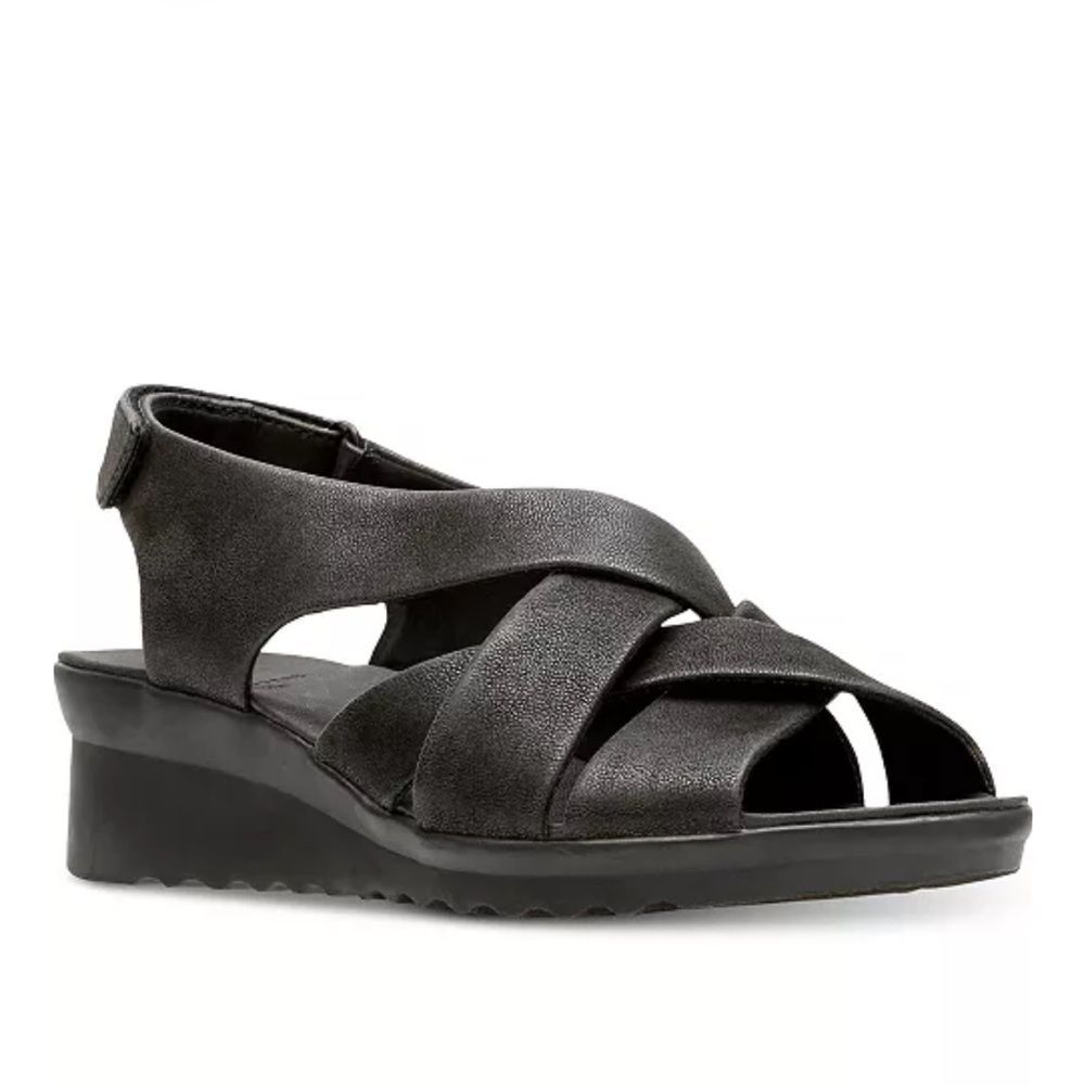 Clarks Caddell Petal Wedge Platform Belt Adjust Sandals Black Leather Comfy 10M